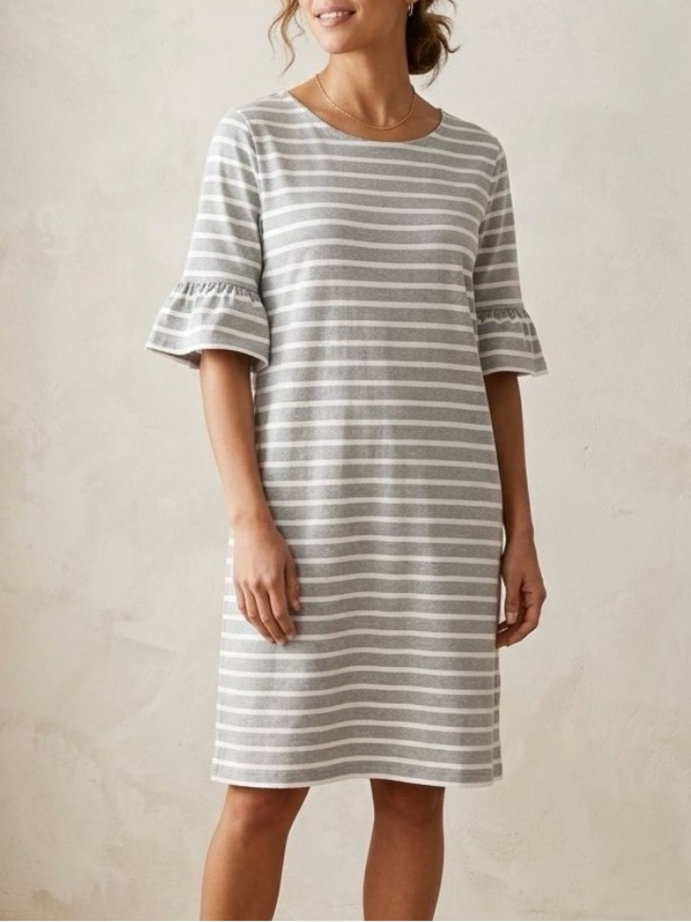 J.Crew Factory Striped Ruffle Sleeve T-Shirt Dress Gray White Women's Size XL